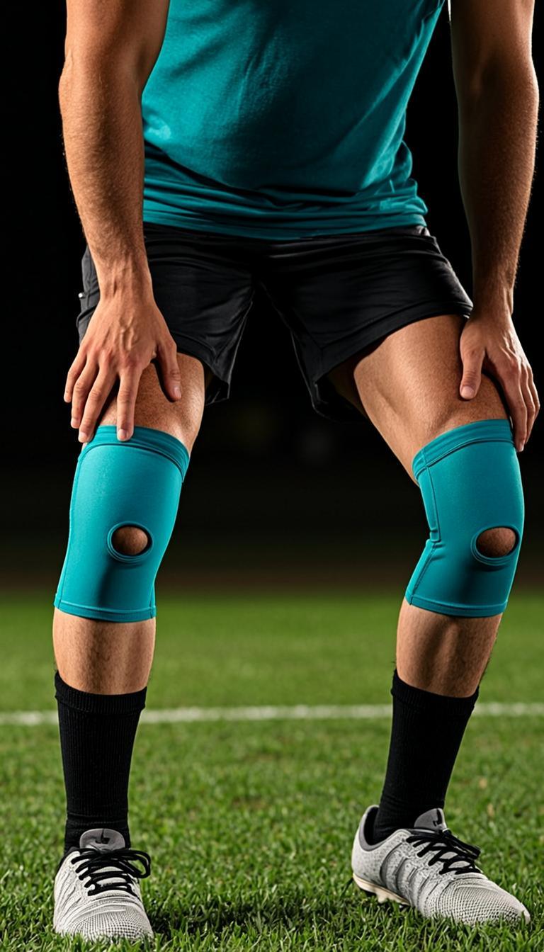 Athlete wearing teal knee sleeve on dark pitch