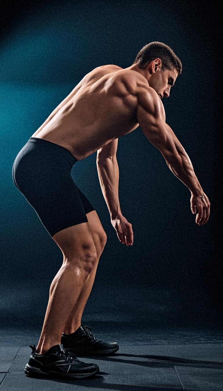 Athlete performing single-leg RDL in dark gym with teal lighting